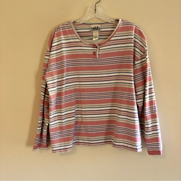 Vintage Tops - Vintage ‘80s Northern Reflections Striped Pink and Blue Henley Shirt